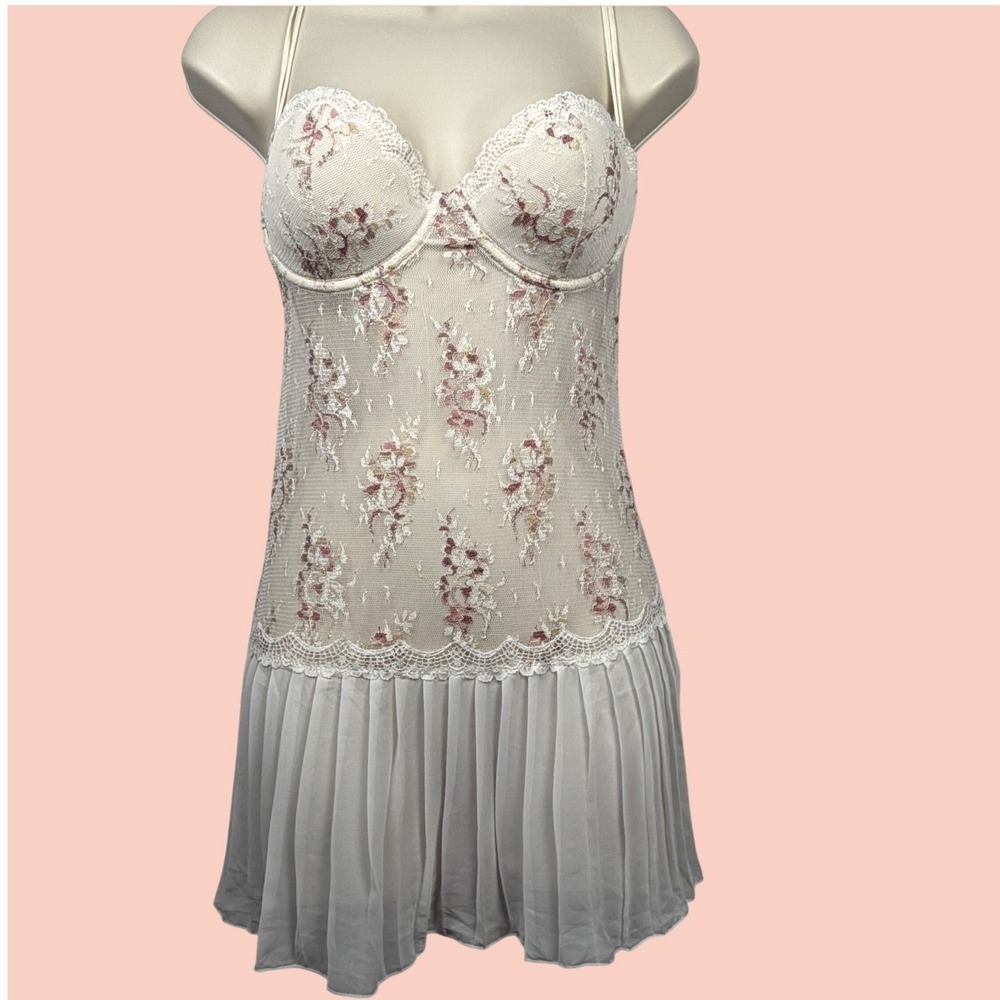 Delicates Womens L Sheer Lace Babydoll Slip Top Floral Underwire Cream Pink Y2K
